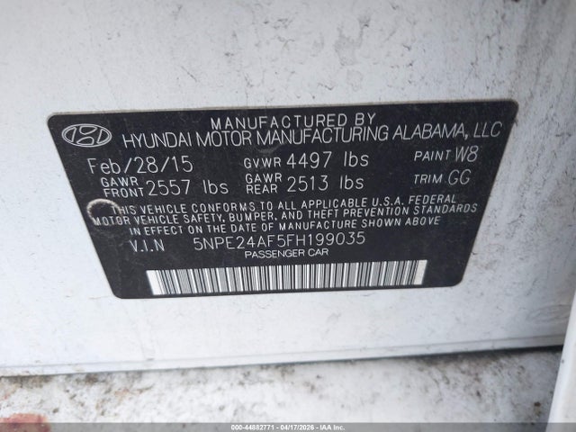 44882771 :رقم المزاد ، 5NPE24AF5FH199035 vin ، 2015 Hyundai Sonata Se مزاد بيع