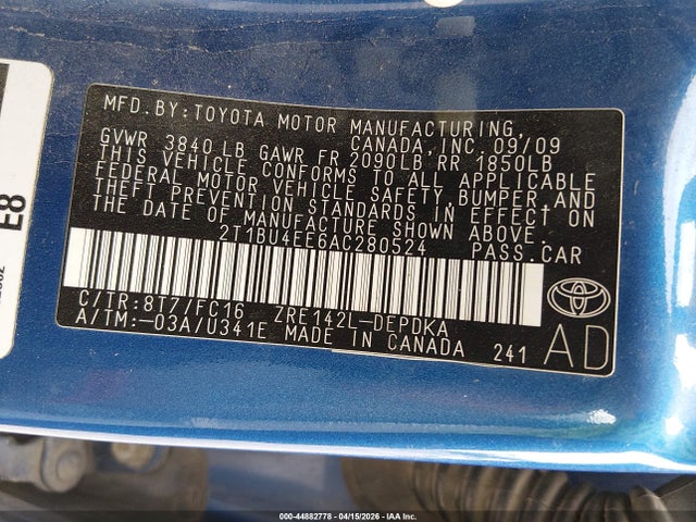 44882778 :رقم المزاد ، 2T1BU4EE6AC280524 vin ، 2010 Toyota Corolla Le مزاد بيع
