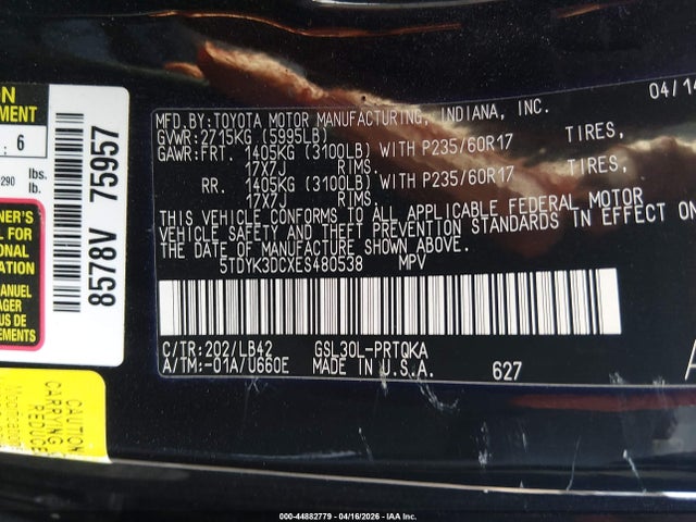 5TDYK3DCXES480538 Toyota Sienna Xle V6 8 Passenger