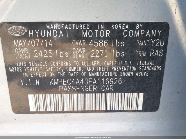 Продаж на аукціоні авто 2014 Hyundai Sonata Hybrid, vin: KMHEC4A43EA116926, номер лоту: 44882786