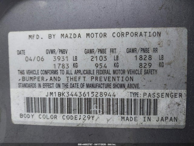 Продажа на аукционе авто 2006 Mazda Mazda3 S Touring, vin: JM1BK344361528944, номер лота: 44882787
