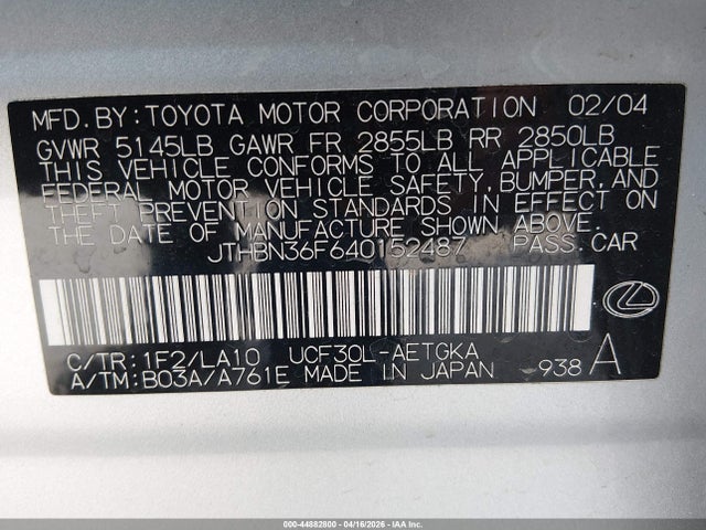 44882800 :رقم المزاد ، JTHBN36F640152487 vin ، 2004 Lexus Ls 430 مزاد بيع