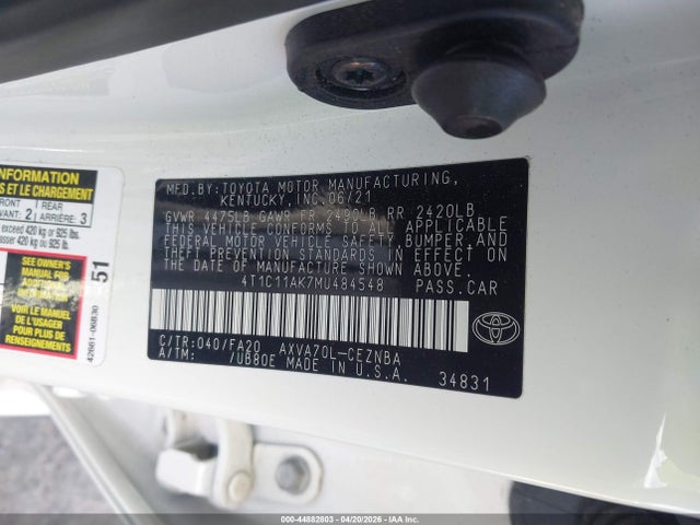 2021 Toyota Camry Le მანქანა იყიდება აუქციონზე, vin: 4T1C11AK7MU484548, აუქციონის ნომერი: 44882803