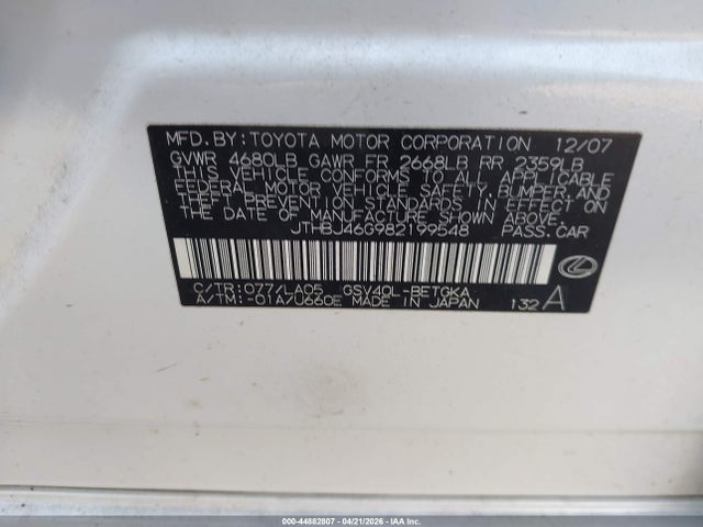 44882807 :رقم المزاد ، JTHBJ46G982199548 vin ، 2008 Lexus Es 350 مزاد بيع
