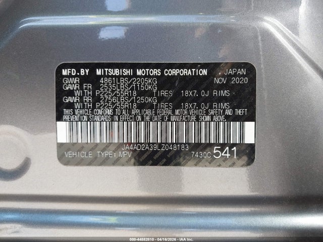 44882810 :رقم المزاد ، JA4AD2A39LZ048183 vin ، 2020 Mitsubishi Outlander Es 2.4 مزاد بيع