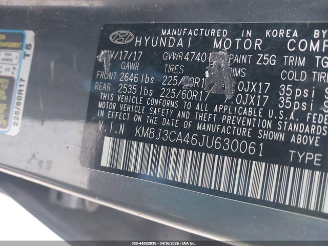 44882835 :رقم المزاد ، KM8J3CA46JU630061 vin ، 2018 Hyundai Tucson Sel مزاد بيع