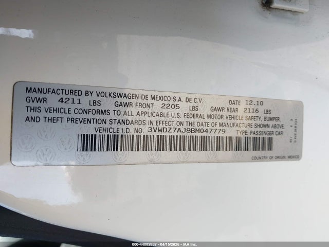 2011 Volkswagen Jetta 2.5l Se მანქანა იყიდება აუქციონზე, vin: 3VWDZ7AJ8BM047779, აუქციონის ნომერი: 44882837