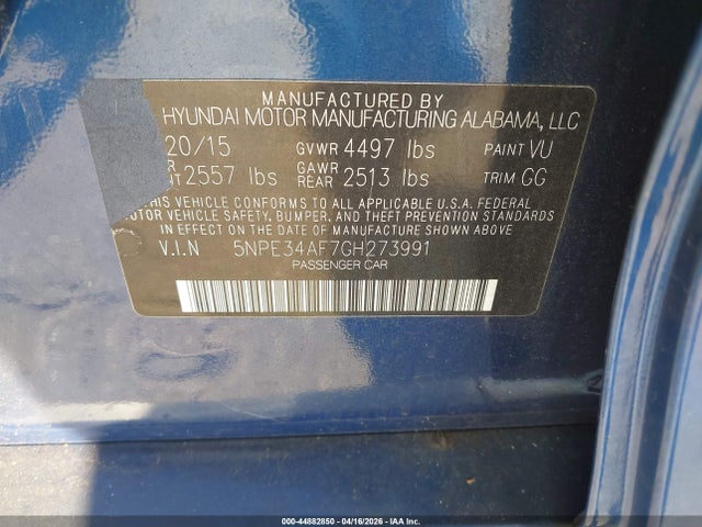 Aukcja sprzedaży 2016 Hyundai Sonata Sport, vin: 5NPE34AF7GH273991, numer aukcji: 44882850