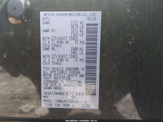 Продажа на аукционе авто 2016 Nissan Rogue S, vin: 5N1AT2MV8GC877546, номер лота: 44882854