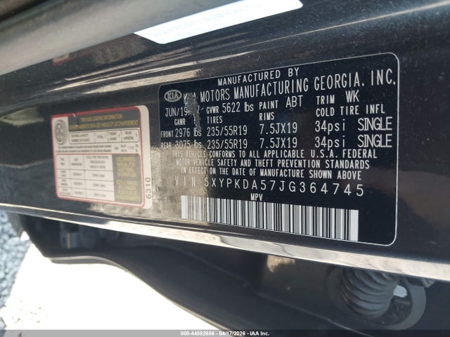 2018 Kia Sorento 3.3l Sxl მანქანა იყიდება აუქციონზე, vin: 5XYPKDA57JG364745, აუქციონის ნომერი: 44882856