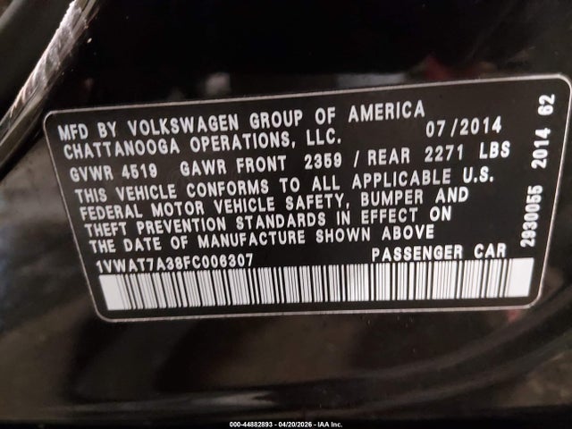 44882893 :رقم المزاد ، 1VWAT7A38FC006307 vin ، 2015 Volkswagen Passat 1.8t Wolfsburg Edition مزاد بيع
