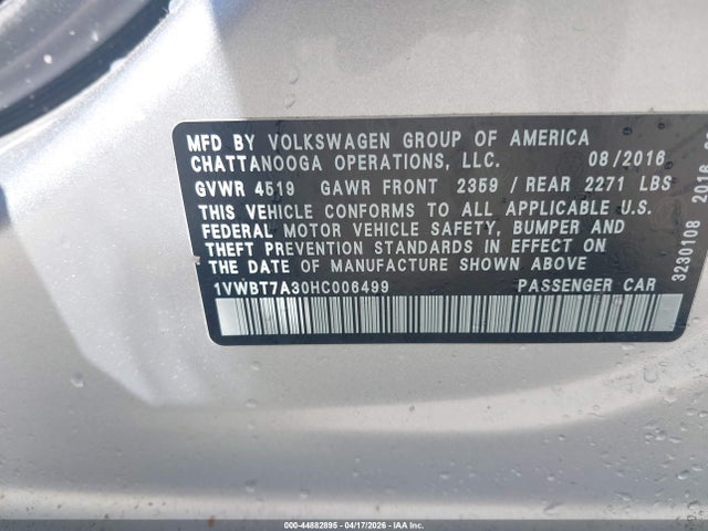 Продаж на аукціоні авто 2017 Volkswagen Passat 1.8t Se, vin: 1VWBT7A30HC006499, номер лоту: 44882895