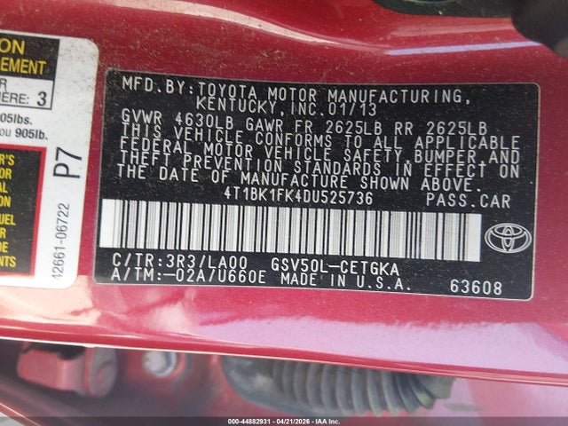 Продажа на аукционе авто 2013 Toyota Camry Xle V6, vin: 4T1BK1FK4DU525736, номер лота: 44882931