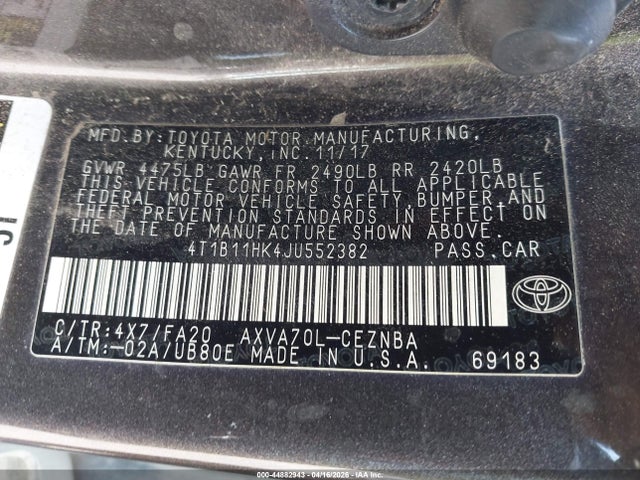 Продажа на аукционе авто 2018 Toyota Camry Le, vin: 4T1B11HK4JU552382, номер лота: 44882943