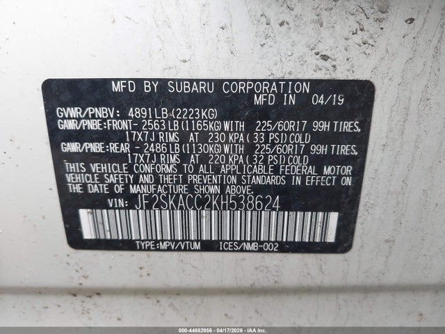 2019 Subaru Forester მანქანა იყიდება აუქციონზე, vin: JF2SKACC2KH538624, აუქციონის ნომერი: 44882956