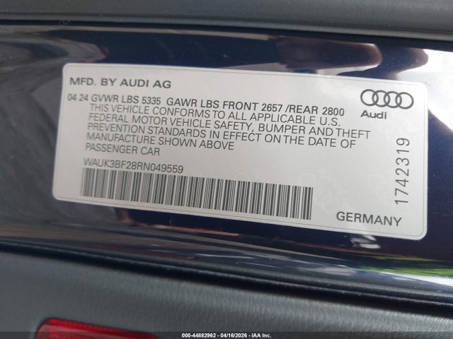 44882962 :رقم المزاد ، WAUK3BF28RN049559 vin ، 2024 Audi A6 Premium 45 Tfsi Quattro S Tronic مزاد بيع