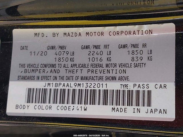 Aukcja sprzedaży 2021 Mazda Mazda3 2.5 S, vin: JM1BPAAL9M1322011, numer aukcji: 44882978
