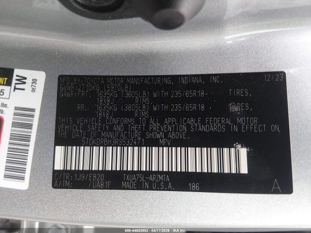 Aukcja sprzedaży 2024 Toyota Highlander Xle, vin: 5TDKDRBH3RS532471, numer aukcji: 44882982