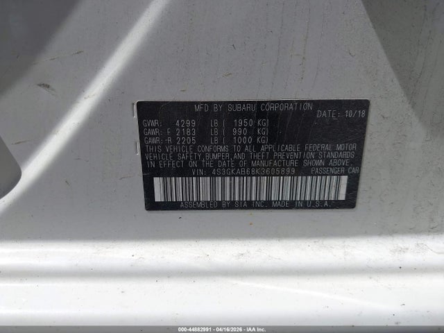 44882991 :رقم المزاد ، 4S3GKAB68K3605899 vin ، 2019 Subaru Impreza 2.0i مزاد بيع