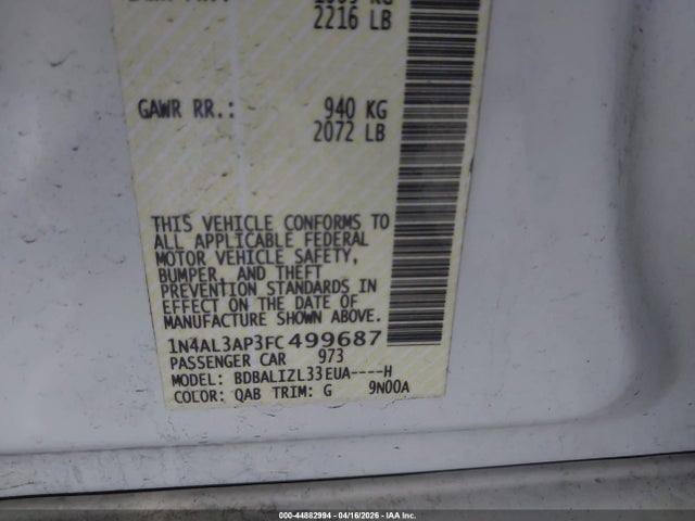 Продаж на аукціоні авто 2015 Nissan Altima 2.5 Sv, vin: 1N4AL3AP3FC499687, номер лоту: 44882994