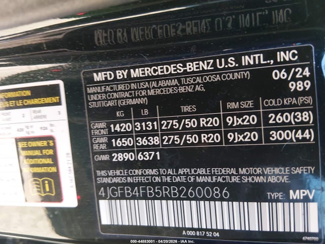 Aukcja sprzedaży 2024 Mercedes-benz Gle 350 4matic, vin: 4JGFB4FB5RB260086, numer aukcji: 44883001