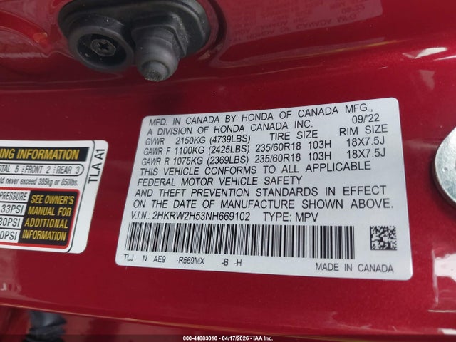 Aukcja sprzedaży 2022 Honda Cr-v Awd Ex, vin: 2HKRW2H53NH669102, numer aukcji: 44883010