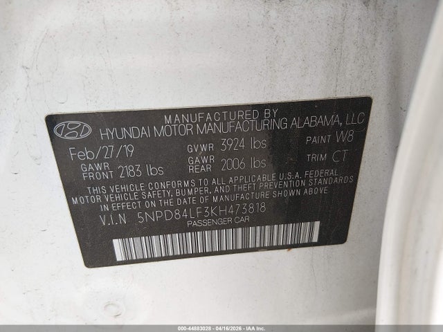 44883028 :رقم المزاد ، 5NPD84LF3KH473818 vin ، 2019 Hyundai Elantra Sel مزاد بيع