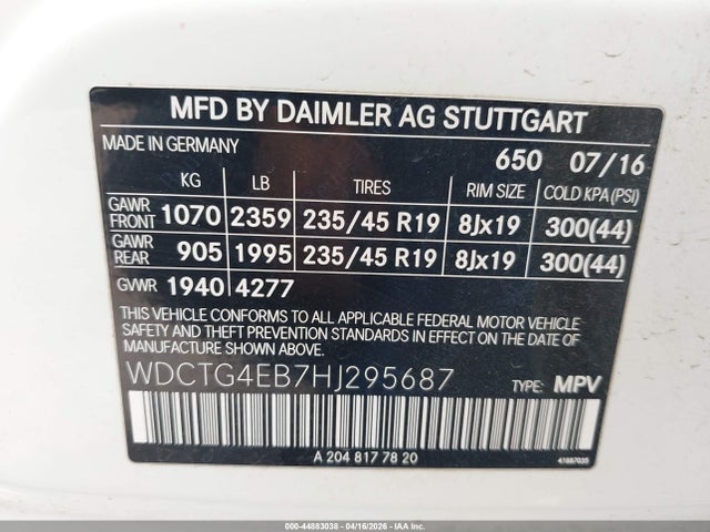 Aukcja sprzedaży 2017 Mercedes-benz Gla 250, vin: WDCTG4EB7HJ295687, numer aukcji: 44883038