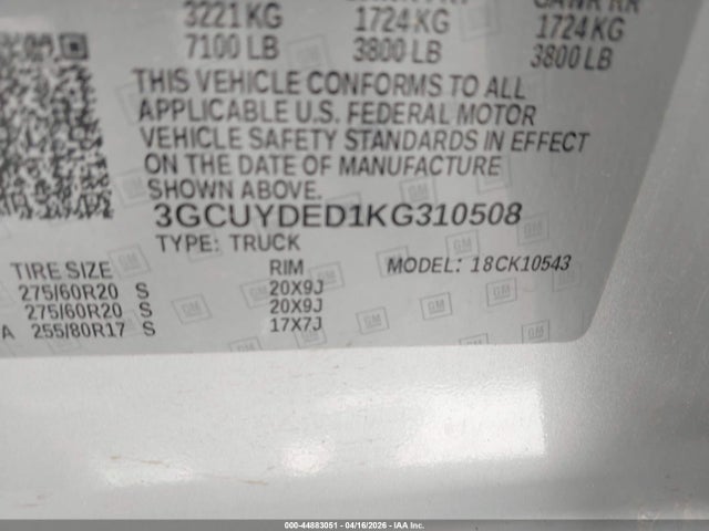 2019 Chevrolet Silverado 1500 Lt მანქანა იყიდება აუქციონზე, vin: 3GCUYDED1KG310508, აუქციონის ნომერი: 44883051