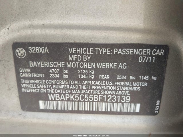 Aukcja sprzedaży 2011 Bmw 328i Xdrive, vin: WBAPK5C55BF123139, numer aukcji: 44883058