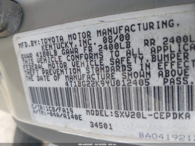 2000 Toyota Camry Ce მანქანა იყიდება აუქციონზე, vin: 4T1BG22K9YU012405, აუქციონის ნომერი: 44883067