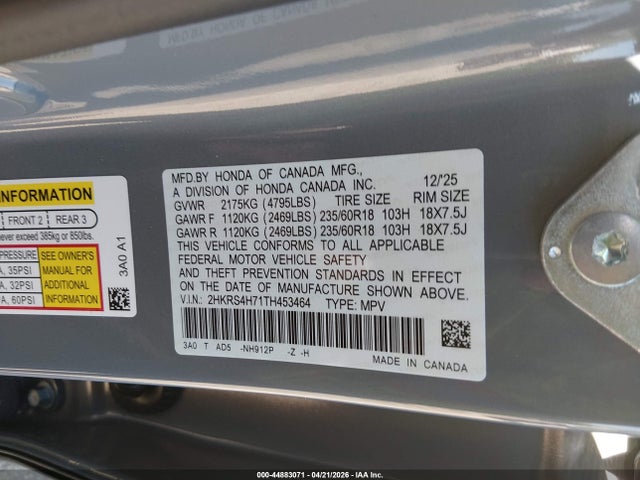 44883071 :رقم المزاد ، 2HKRS4H71TH453464 vin ، 2026 Honda Cr-v Ex-l Awd مزاد بيع