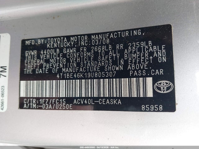 2009 TOYOTA CAMRY 4T1BE46K19U805307 Photo 8