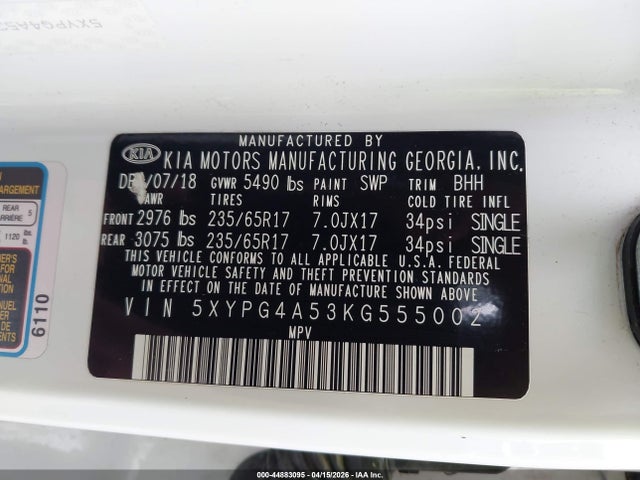 Aukcja sprzedaży 2019 Kia Sorento 3.3l Lx, vin: 5XYPG4A53KG555002, numer aukcji: 44883095