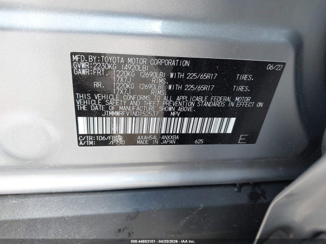 2022 Toyota Rav4 Hybrid Le მანქანა იყიდება აუქციონზე, vin: JTMMWRFV1ND152537, აუქციონის ნომერი: 44883101