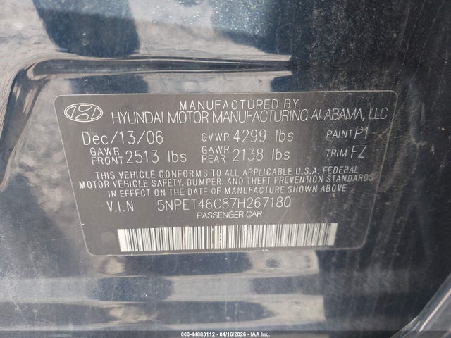 Продаж на аукціоні авто 2007 Hyundai Sonata Gls, vin: 5NPET46C87H267180, номер лоту: 44883112