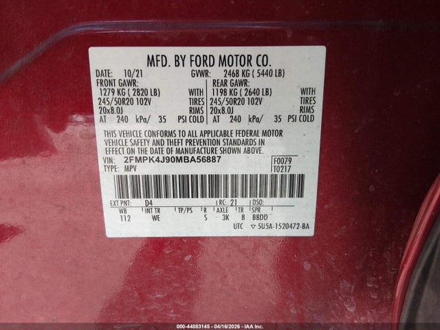 Aukcja sprzedaży 2021 Ford Edge St-line, vin: 2FMPK4J90MBA56887, numer aukcji: 44883145