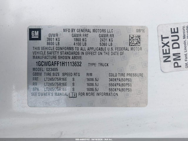 Продажа на аукционе авто 2017 Chevrolet Express 2500 Work Van, vin: 1GCWGAFF1H1113632, номер лота: 44883152