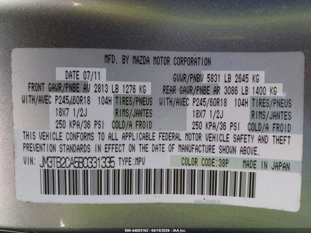 Aukcja sprzedaży 2011 Mazda Cx-9 Touring, vin: JM3TB2CA5B0331335, numer aukcji: 44883162