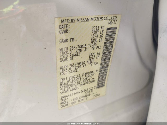 Aukcja sprzedaży 2017 Nissan Titan Sv, vin: 1N6AA1EJ4HN562522, numer aukcji: 44883169