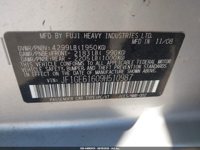 Aukcja sprzedaży 2009 Subaru Impreza 2.5i, vin: JF1GE61609H510987, numer aukcji: 44883174