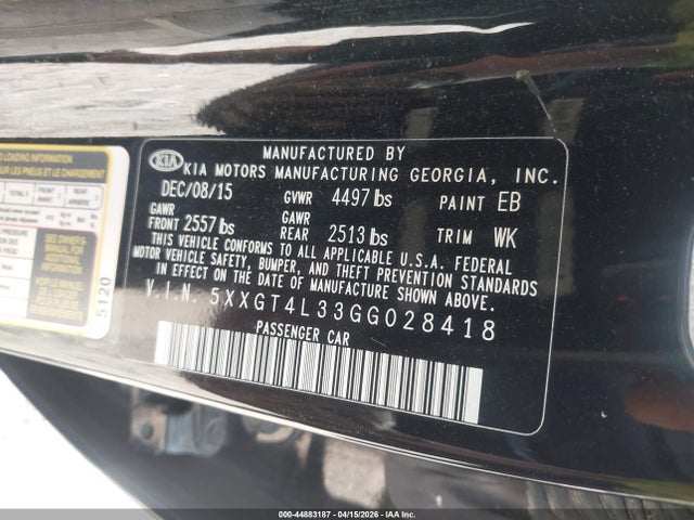 2016 Kia Optima Lx მანქანა იყიდება აუქციონზე, vin: 5XXGT4L33GG028418, აუქციონის ნომერი: 44883187