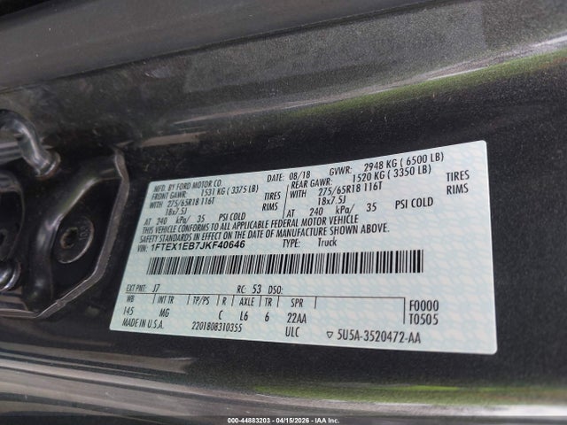 44883203 :رقم المزاد ، 1FTEX1EB7JKF40646 vin ، 2018 Ford F-150 Xlt مزاد بيع