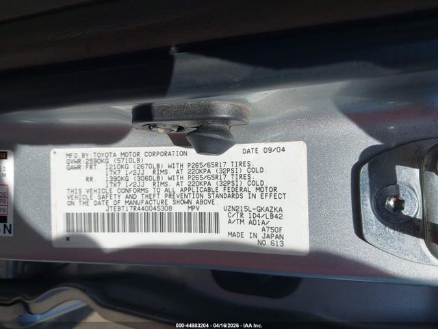 Продажа на аукционе авто 2004 Toyota 4runner Limited V8, vin: JTEBT17R440045308, номер лота: 44883204