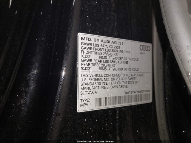2021 Audi Q8 Premium Plus 55 Tfsi Quattro Tiptronic მანქანა იყიდება აუქციონზე, vin: WA1BVAF18MD028346, აუქციონის ნომერი: 44883206