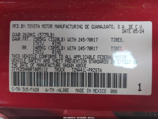 2024 Toyota Tacoma Sr მანქანა იყიდება აუქციონზე, vin: 3TYKD5HN0RT005112, აუქციონის ნომერი: 44883215