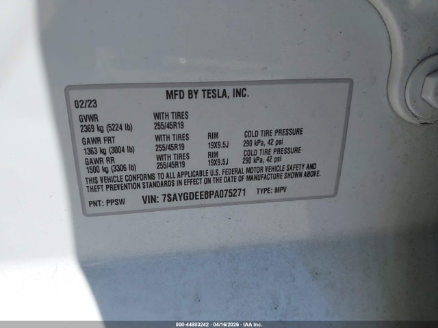 Auction sale of the 2023 Tesla Model Y Awd/long Range Dual Motor All-wheel Drive, vin: 7SAYGDEE0PA075271, lot number: 44883242