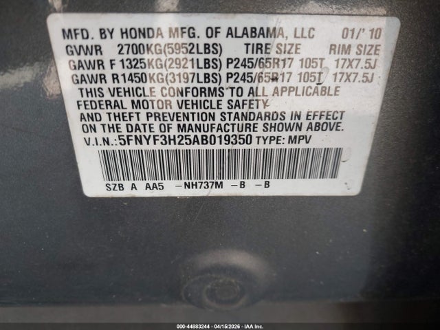 2010 HONDA PILOT 5FNYF3H25AB019350 Photo 8