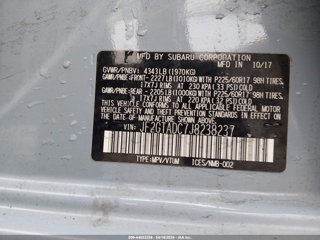 44883256 :رقم المزاد ، JF2GTADC7J8238237 vin ، 2018 Subaru Crosstrek 2.0i Premium مزاد بيع