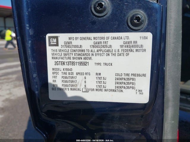 2005 Gmc Sierra 1500 Sle მანქანა იყიდება აუქციონზე, vin: 2GTEK13T851195921, აუქციონის ნომერი: 44883258